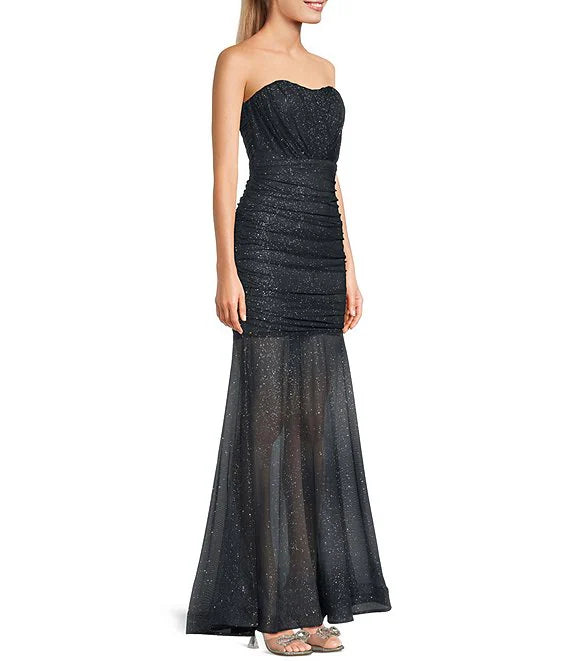 Strapless sequin pleated fishtail prom dress
